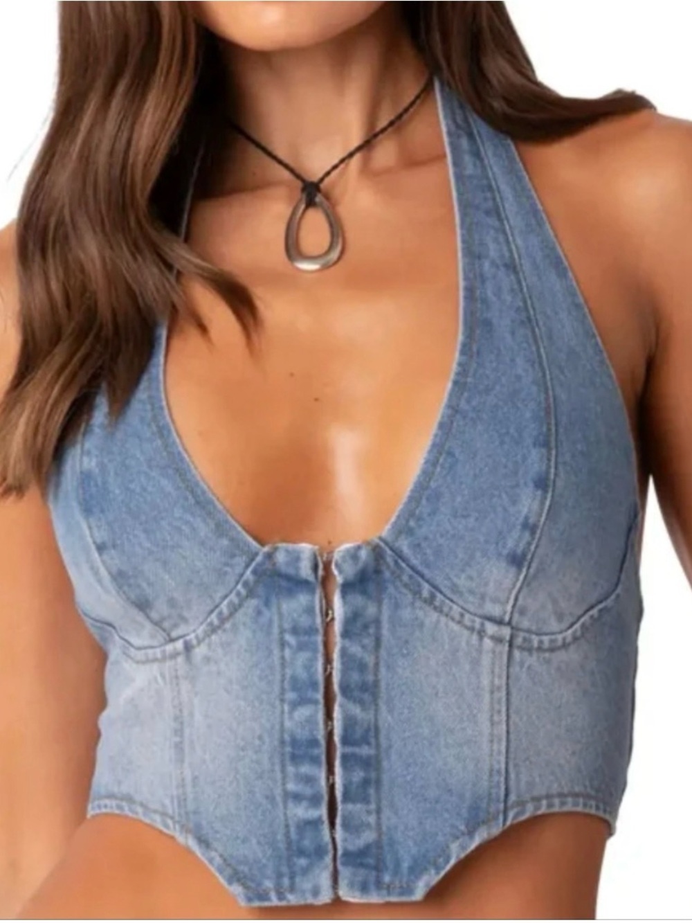 Edikted Light Blue Denim Halter Corset Crop Top